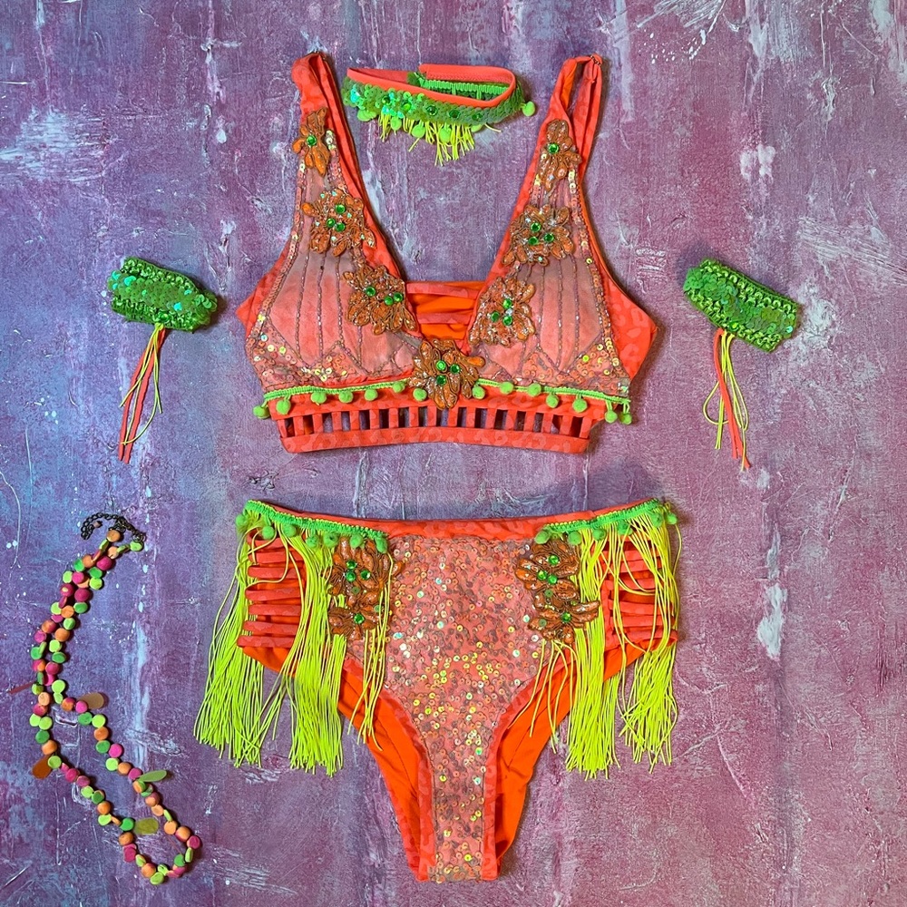 Neon orange & green rave / festival outfit set
